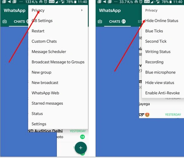 Hide online status on GBWhatsap